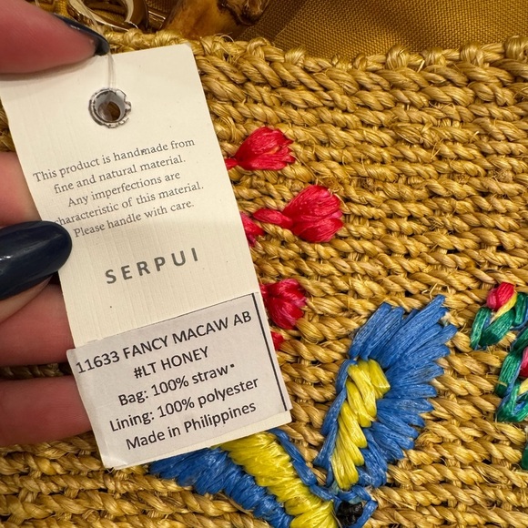 NWT Serpui Fancy Macaw Bird Tropical Woven Straw Handbag Bamboo Handle - Picture 8 of 8